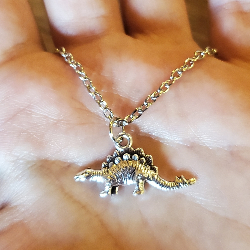 New Dainty Silver Stegosaurus Dinosaur Necklace - Picture 7 of 10